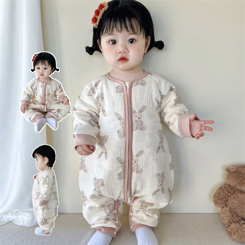 婴儿分腿睡袋秋冬款夹棉防踢被男女宝宝薄棉连身衣睡衣纯棉拉链式