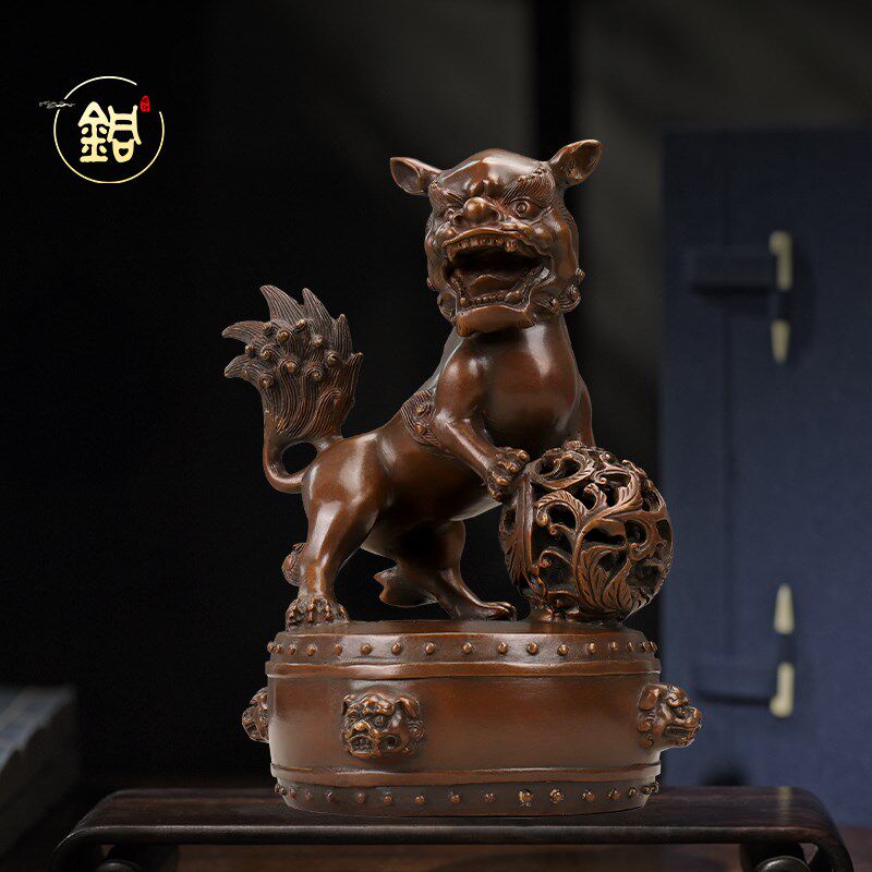铜鼓狮摆件 仿古公母铜狮子摆件 中式创意居家办公桌面摆放