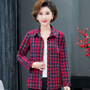 中老年女装纯棉格子衬衫女上衣春秋全棉长袖中年妈妈老年人衬衣
