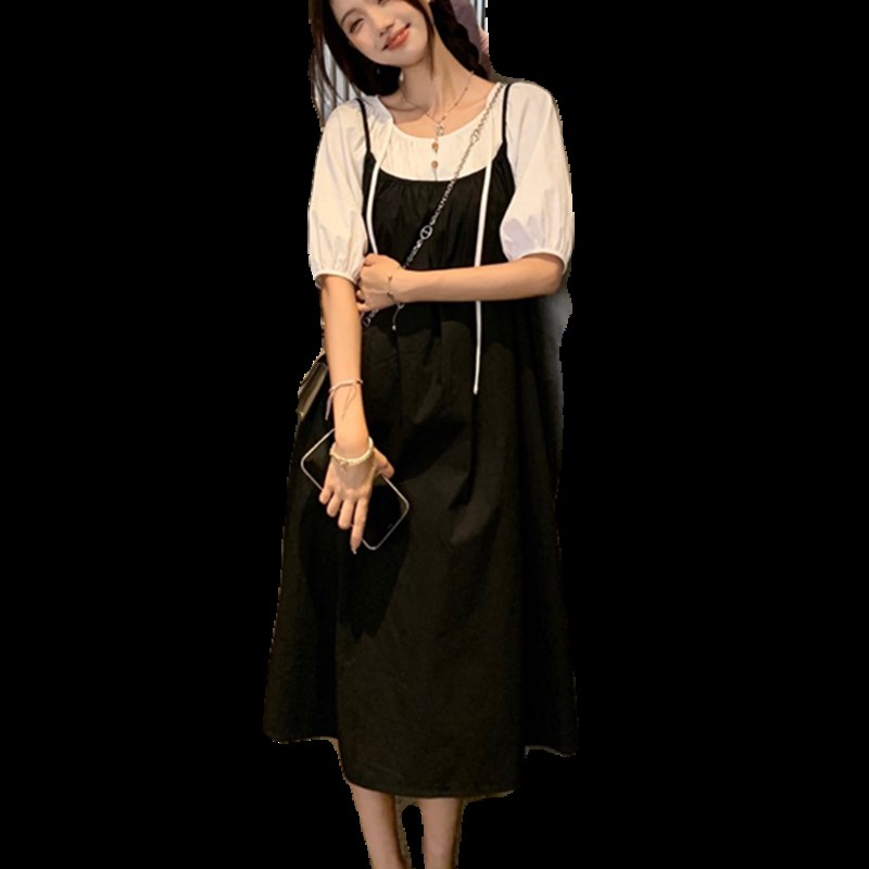 大码女装夏季新款胖妹妹宽松显瘦蝴蝶结吊带连衣裙泡泡袖衬衫套装