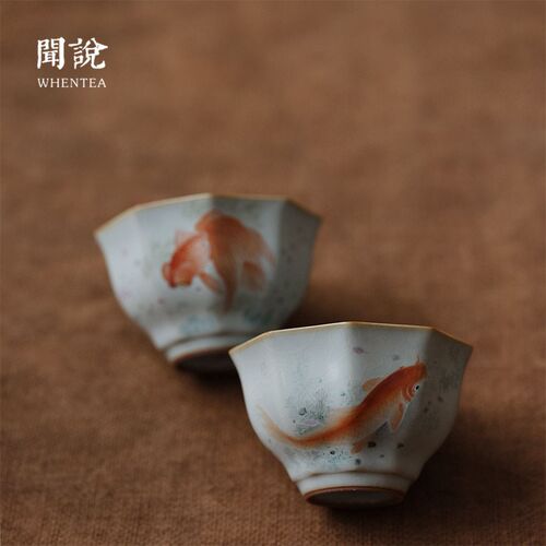 闻说景德镇市纯手绘天青汝窑品茗杯《鱼戏》晓华制