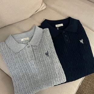 法式复古翻领麻花Polo衫短袖夏季纯棉美式t恤藏蓝色针织衫上衣女