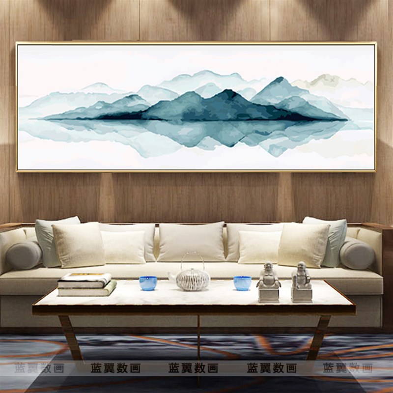 新中式横版diy手绘数字油画写意禅意客厅卧室装饰画风景水墨山水