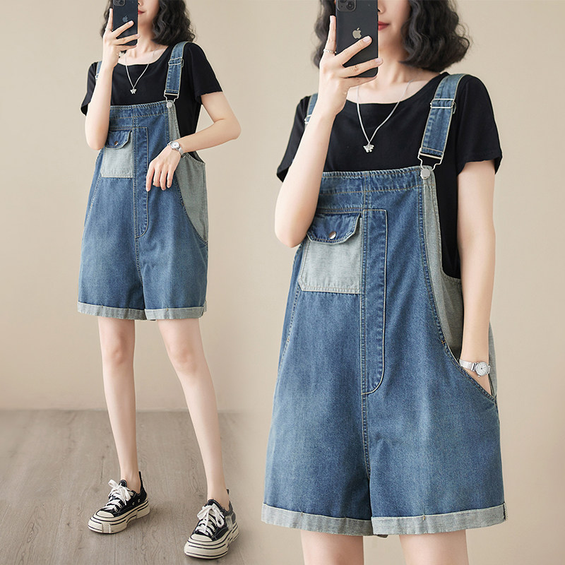 设计感拼接撞色牛仔背带短裤女夏季新款宽松小个子连体吊带阔腿裤