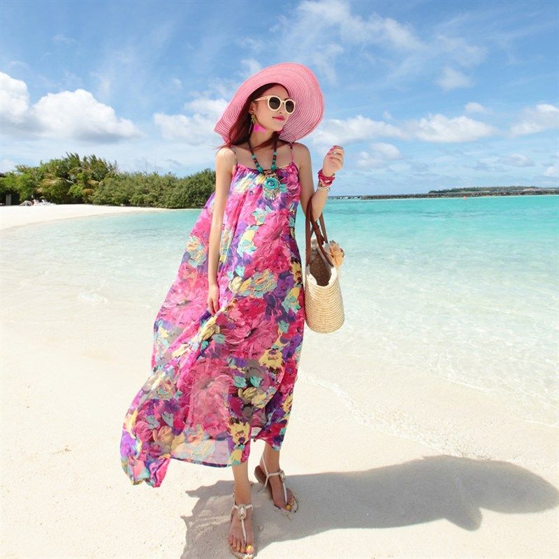 燊杰沙滩裙女海边度假泰国三亚波西米亚长裙雪纺夏碎花吊带连衣裙