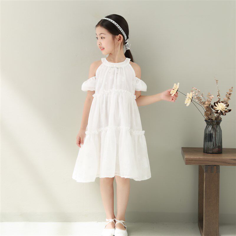 女童公主雪纺连衣裙2024夏季儿童中大童小清新漏肩挂脖白色公主裙