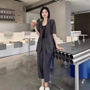 大码新款高级感职业短袖西装套装女夏胖mm高端显瘦休闲九分裤两件