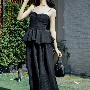 暗黑系高级感军阀千金提花束腰吊带伞形上衣半身长裙名媛套装 裙女