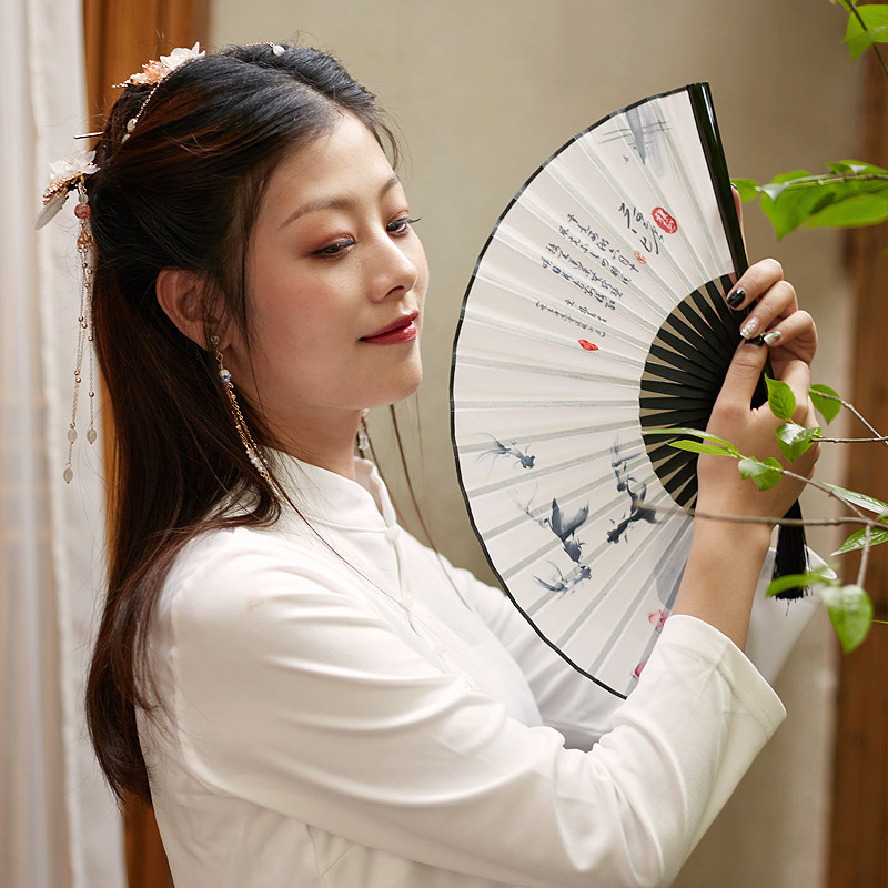 雅扇堂水墨古风鲤鱼小扇子中国风女式折扇随身便携折叠扇竹男夏季