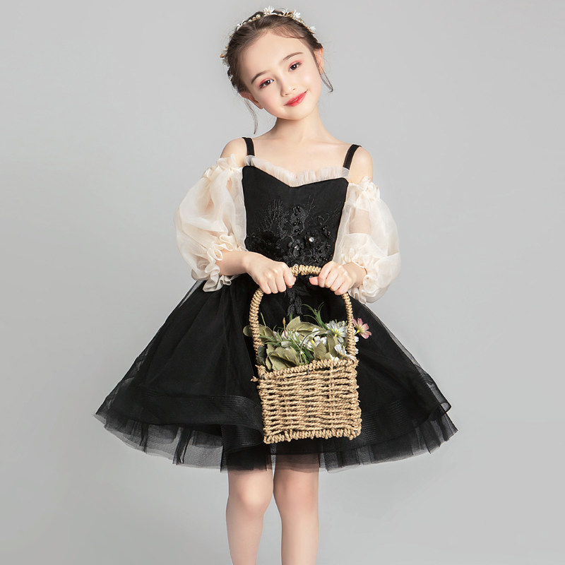 女童晚礼服儿童公主裙蓬蓬纱小女孩模特走秀演出服高端黑洋气秋装