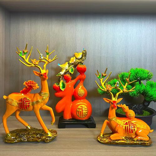 蛇年新品【福禄双全】福鹿葫芦三件套乔迁之喜酒柜玄关装饰品摆件
