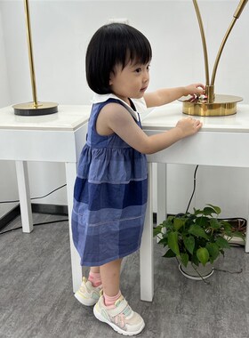 童装英伦风女童连衣裙女宝宝背心裙儿童蓝色格子公主裙裙子伯米吉