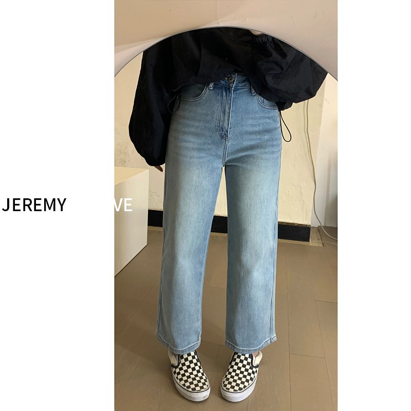 300斤大码女装胖mm高腰阔腿直筒裤松紧腰宽松浅色九分牛仔裤女