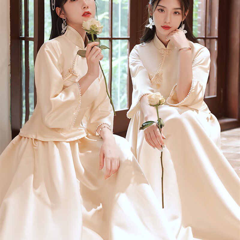 香槟色伴娘服女中式2021新款秋季中国风婚礼姐妹服伴娘团平时可穿