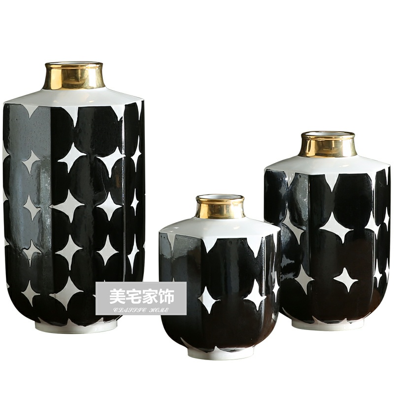 新古典样板房间六角陶瓷黑白花瓶 电视酒柜台面干花插花花器摆件