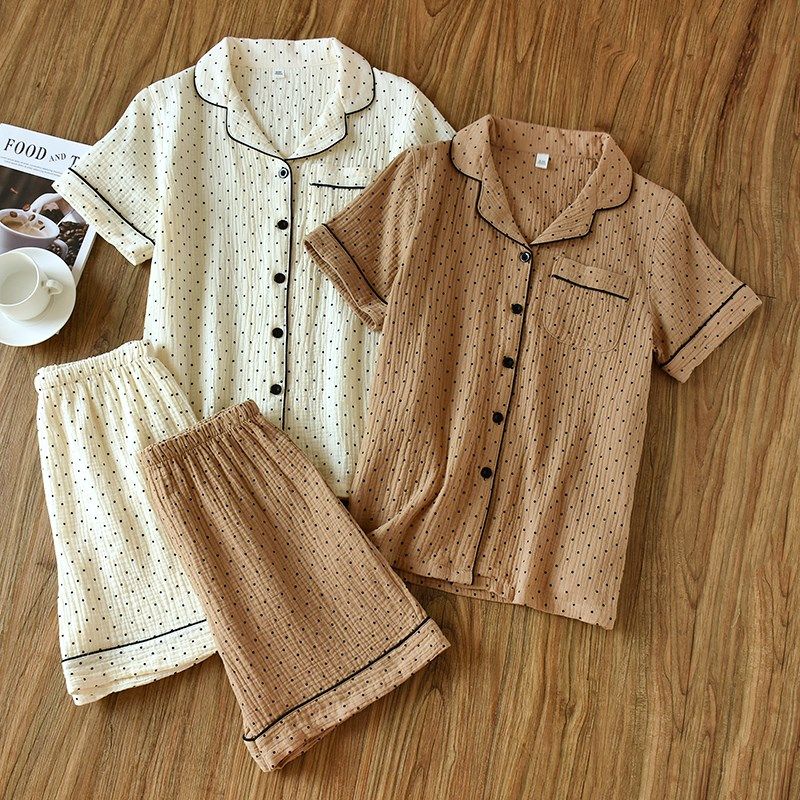 纯棉夏季睡衣女士短袖短裤全棉开衫绉布双层棉纱甜美薄款家居服套