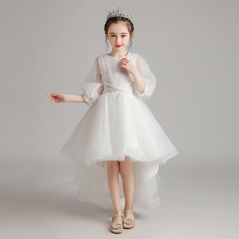 儿童白色礼服公主裙女童蓬蓬纱生日小女孩花童婚礼钢琴演出服长袖