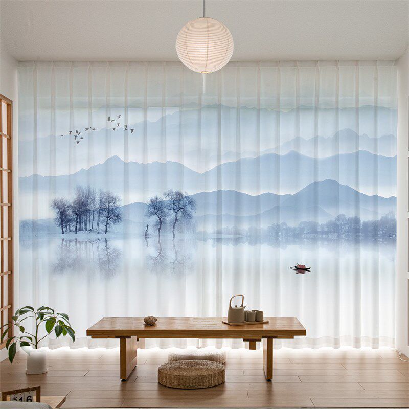 山水画窗帘透光不透人纱帘新中式中国风景客厅办公室阳台隔断挂帘