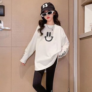 女童中长款长袖t恤春秋中大儿童圆领宽松白色百搭秋冬加绒打底衫