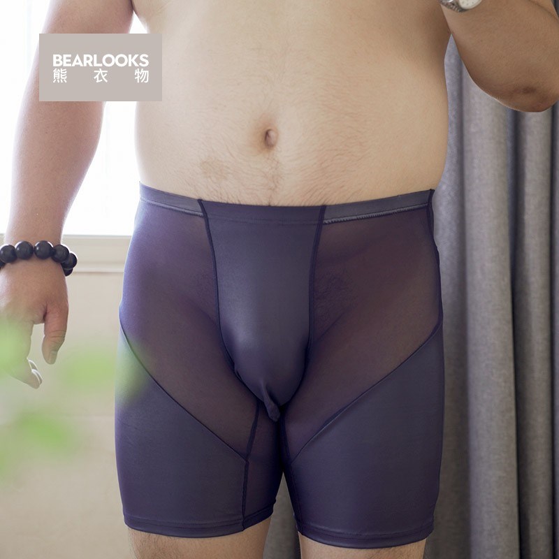 男士仿漆皮内裤加长防磨腿网纱透明中腰平角裤U凸囊袋胖熊加大码