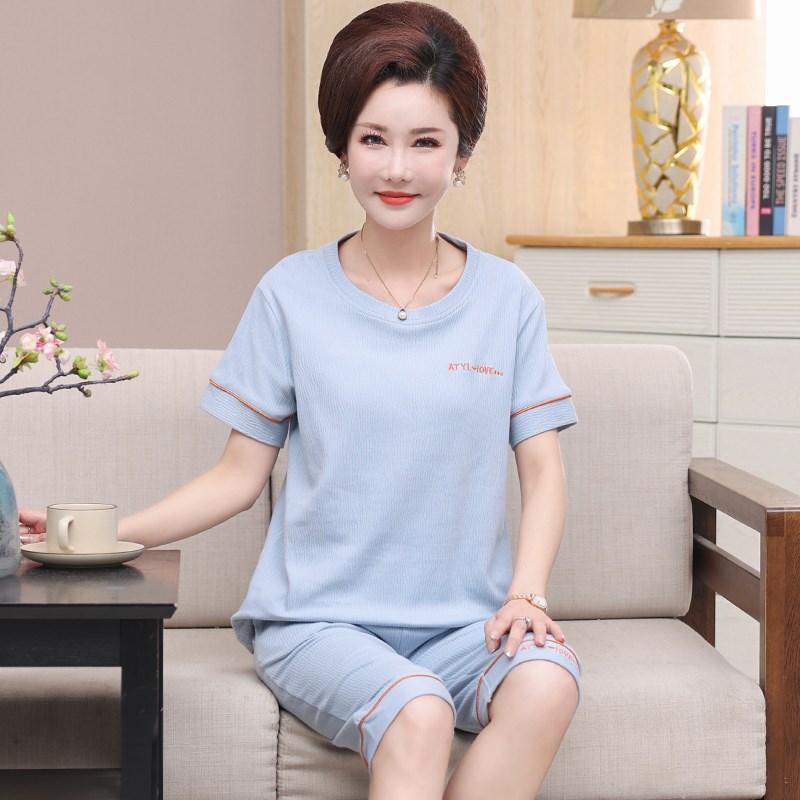 妈妈夏季睡衣纯棉薄款短袖七分裤中年人妇女士家居服夏天胖mm套装