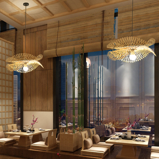 竹艺竹编吊灯茶室餐厅火锅店饭店灯罩日式 简约民宿荷叶草帽斗笠灯