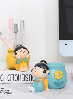 治愈新中式唐仕女笔筒摆件飘窗玄关摆件高级感小众治愈装饰小摆件