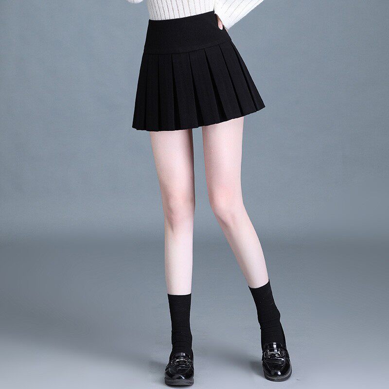 黑色短款毛呢百褶裙高腰弹力半身裙2021秋冬小个子a字百褶呢子裙