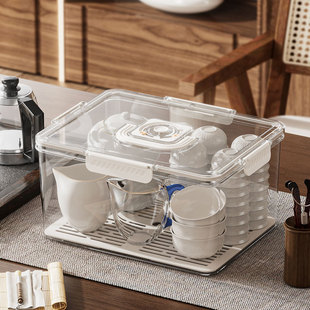 茶具收纳盒沥水功夫茶杯收纳神器带盖子防尘透明装茶碗茶壶的盒子