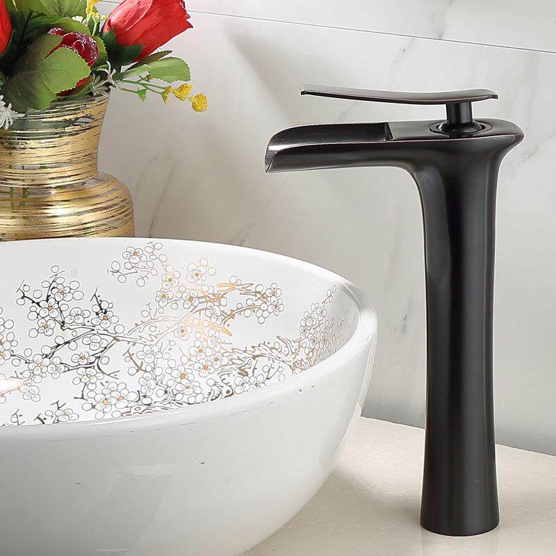 直销新款全铜面盆冷热水龙头瀑布式出水黑古铜仿古拉丝面盆龙头