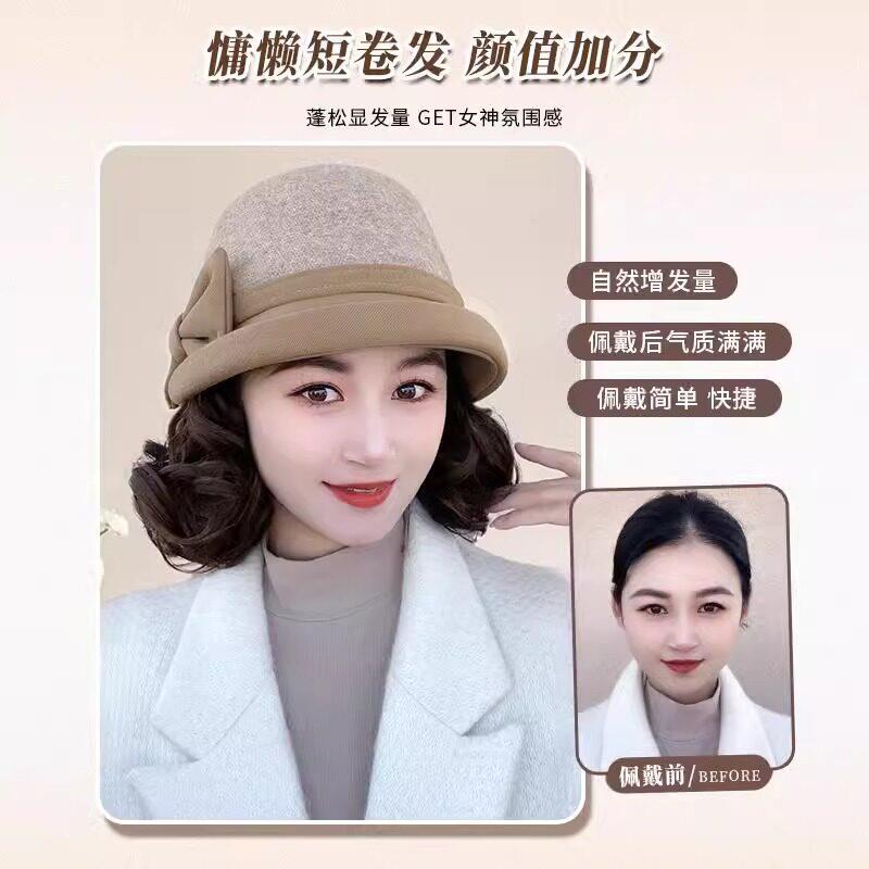 新款直销帽子假发一体女秋冬加厚蝴蝶结渔夫帽短卷发梨花卷气质妈