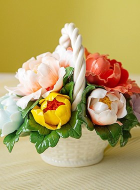 陶瓷花篮手捏瓷花高级牡丹玫瑰花中式艺术摆件室内招财