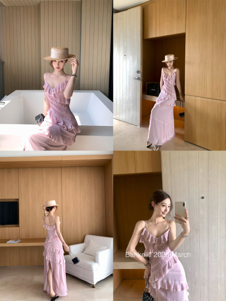 Pink ruffled maxi dress worn by a model in a collage of fashion photos