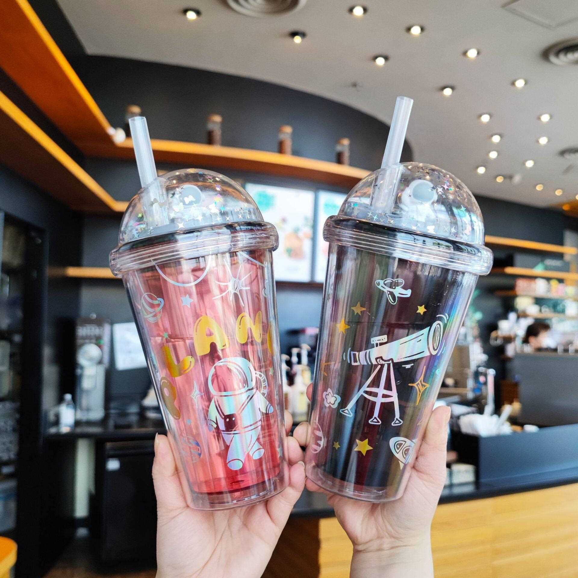 新款直销欧美ins太空宇航员星球杯双层网红塑料吸管杯大容量500ml