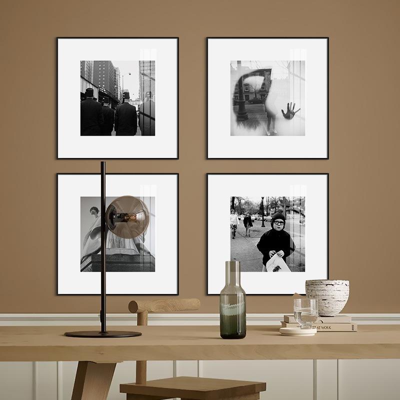 直销新款现代黑白灰摄影客厅装饰画人物建筑组合走廊方形挂画艺术图片