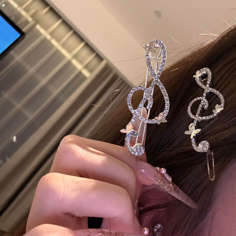 闪亮水钻银色音乐符号发夹女