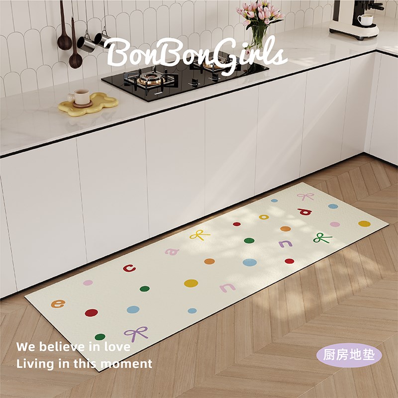 热销奶油风波点厨房地垫软硅藻泥吸水吸油浴室门口防滑脚垫可定制