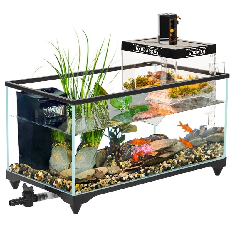 热销超白玻璃乌龟缸带晒台饲养箱桌面小型阳光房别墅客厅造景生态