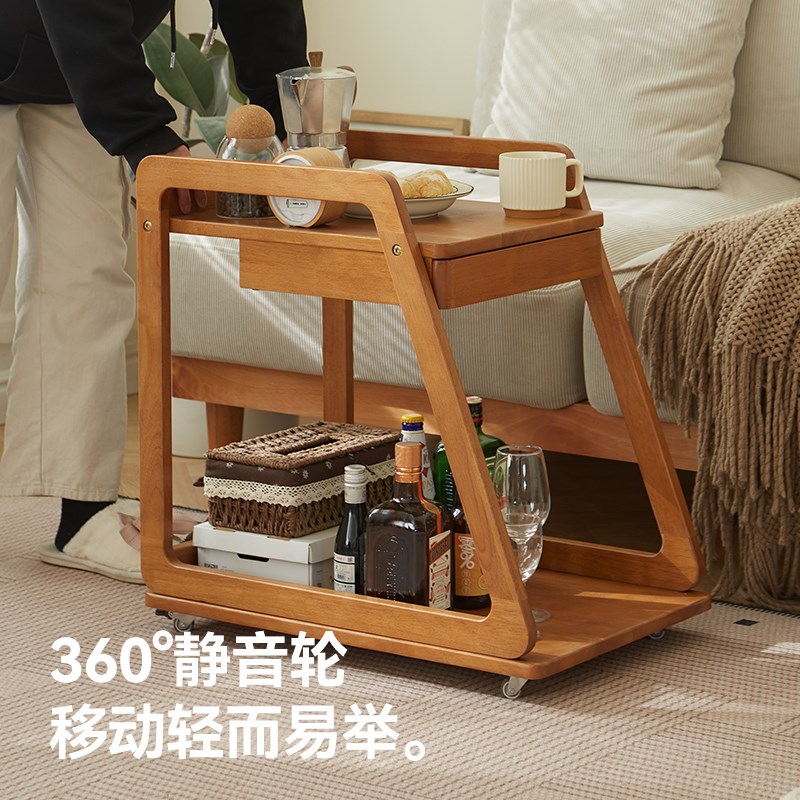 热销实木边几带轮小推车家用可移动沙发茶几客厅迷你置物架床头零