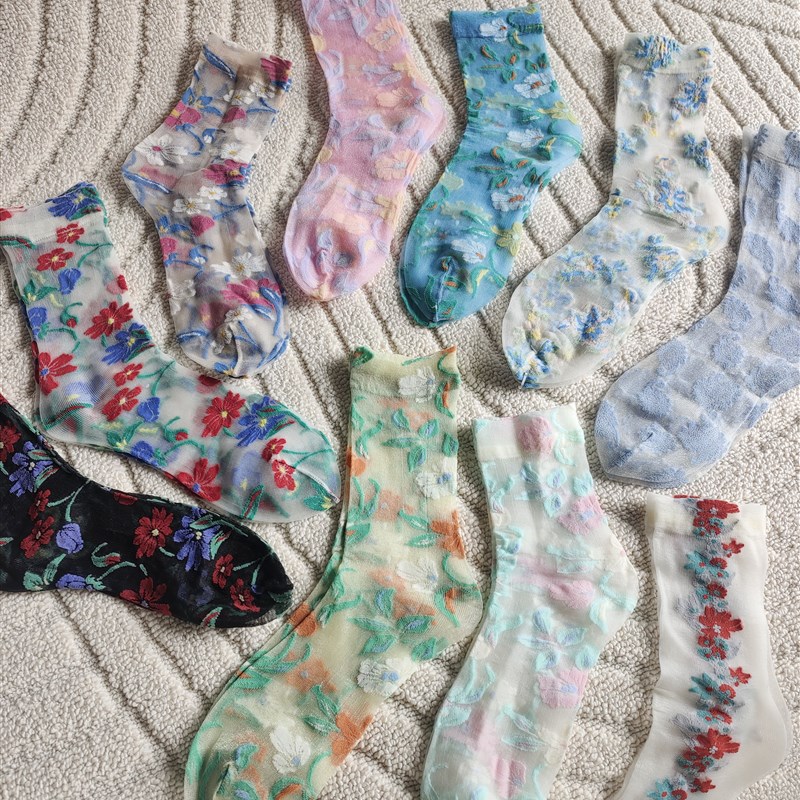 热销不退不换 超美 森系花卉 水晶丝玻璃丝 薄款 夏款 女袜