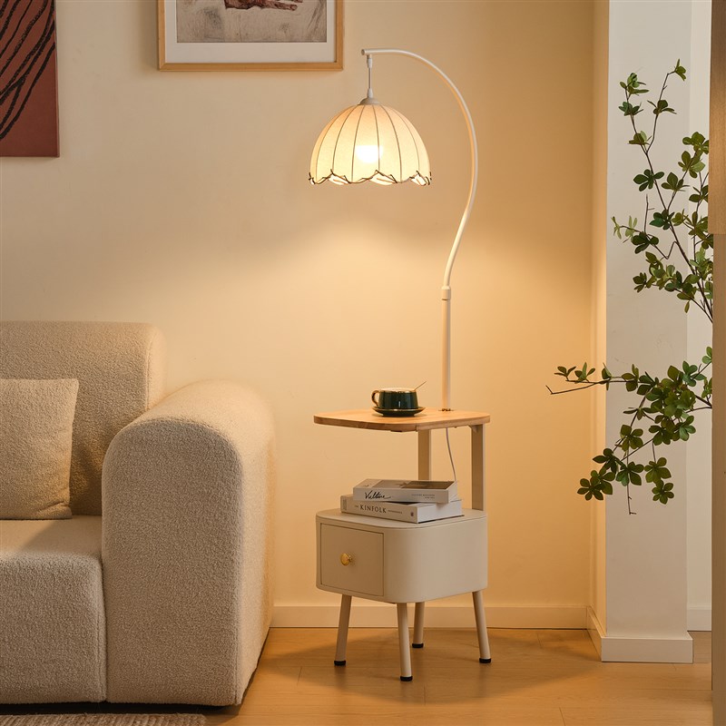 热销落地灯置物架客厅卧室沙发旁边几床头柜一体法式中古氛围艺术