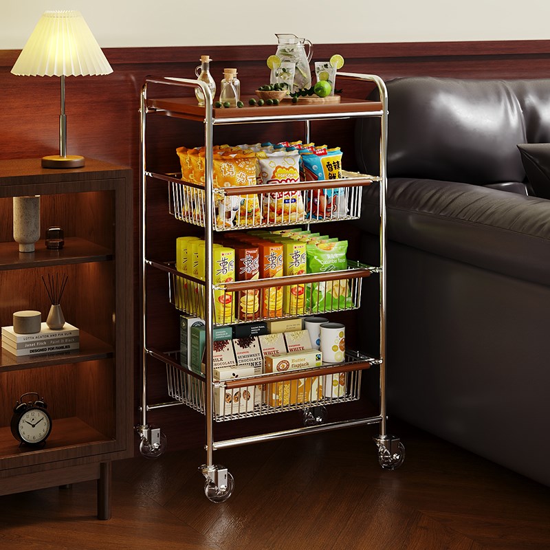 热销中古风小推车客厅可移动零食收纳置物架复古沙发边几厨房收纳