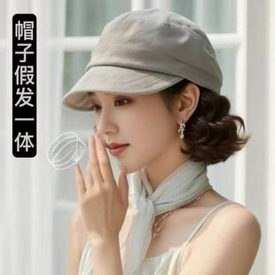 女士化疗后光头帽子假发一体彷真透气遮阳帽带头发的帽子全头套式