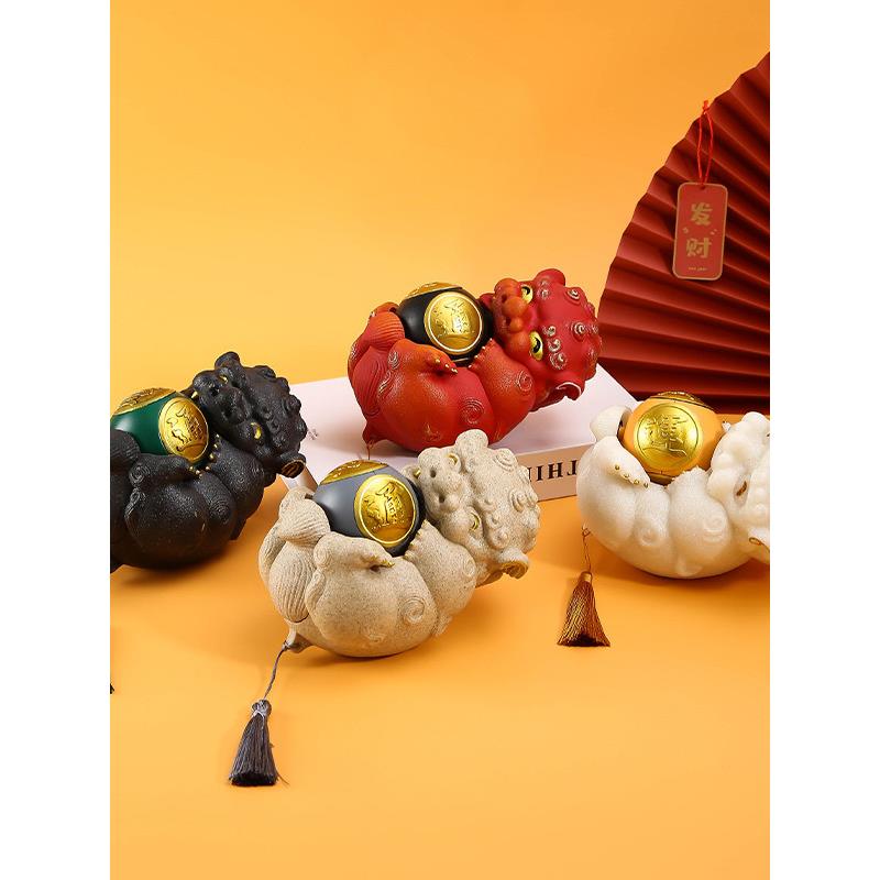 中式国风潮玩可爱狮子招财茶玩摆件时来运转创意家居桌面生日礼物