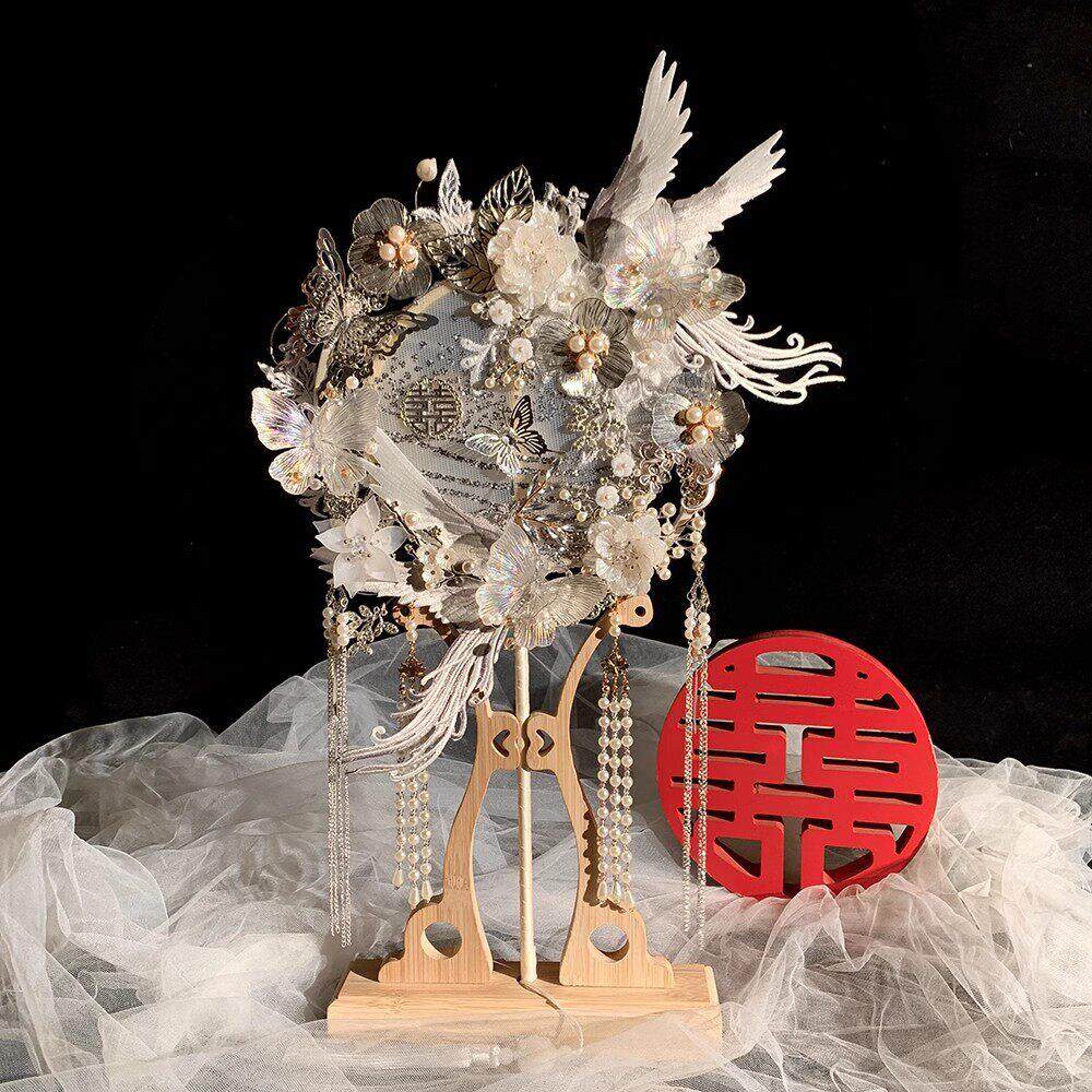 仙气银色新娘结婚团扇中式高级婚礼手工DIY材料包秀禾出嫁喜扇子