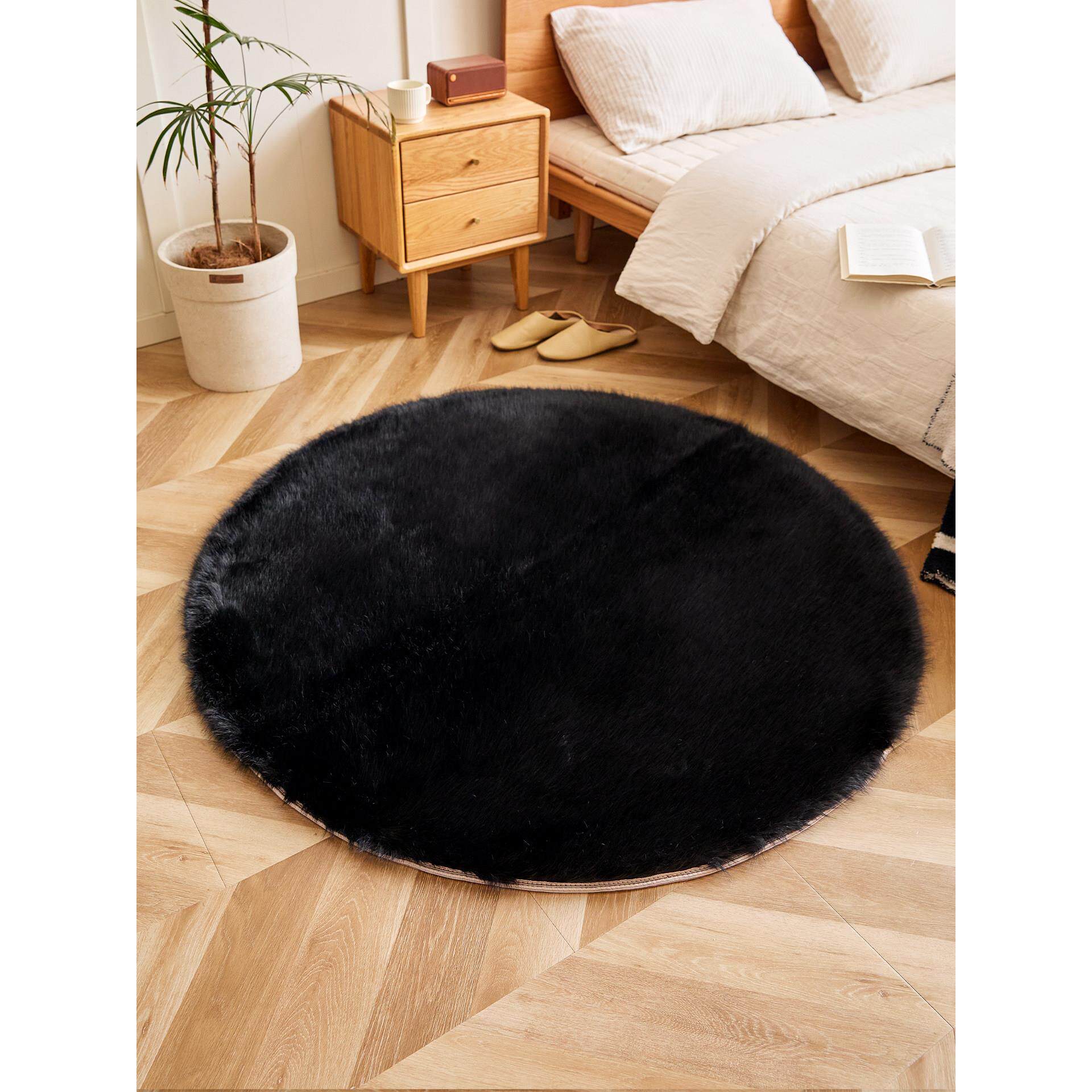 高彷狐狸毛皮黑色圆形毛绒地毯卧室床边毯子电脑椅子斯堪的纳维亚