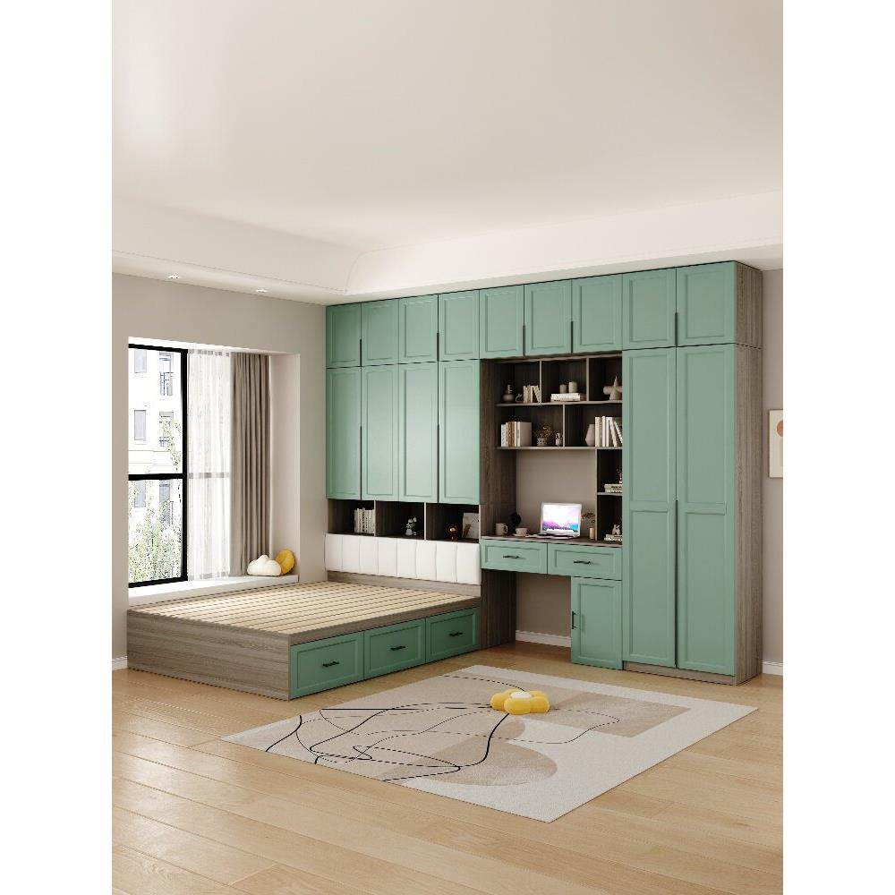 北欧榻榻米床衣柜与书桌组合卧室家庭榻榻米床可调节桌多功能床