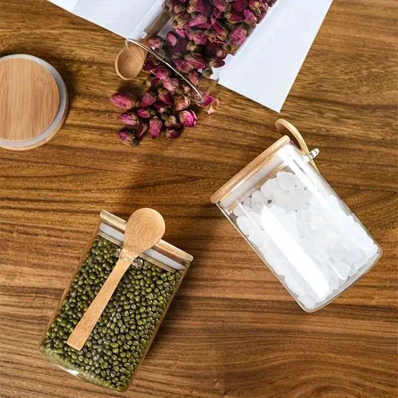 新款直销方形调料密封罐挂勺实木盖防潮加厚玻璃罐咖啡杂粮玻璃收
