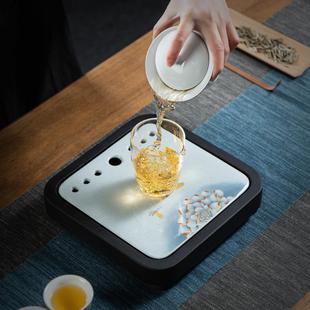 直销新款 家用简约天然整块乌金石方形茶盘储排两用中式 储水嵌入式