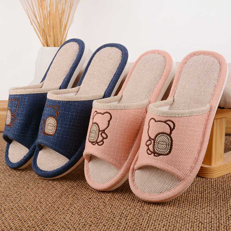 新款直销卡通亚麻拖鞋女秋冬季室内防滑情侣新款软底静音吸汗地板